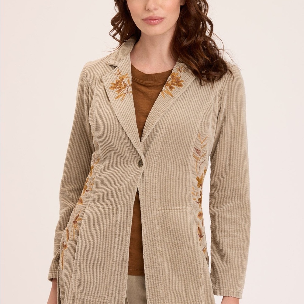 NWOT XCVI Beige Floral Embroidered Wordsworth Long‎ Corduroy Jacket Coat S 4 6